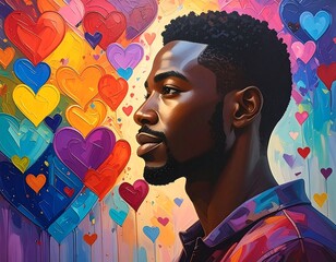 A striking portrait of a man, side profile, immersed in a vibrant, colorful heart-filled background. He's looking onward, calm