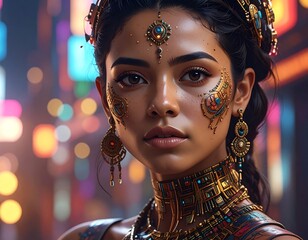 A striking portrait of a woman adorned with intricate gold jewelry and face paint, set against a blurred city backdrop