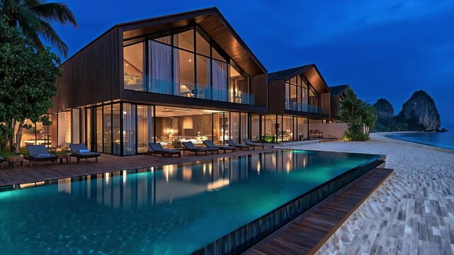 Title: Glowing luxury hotel surrounds elegant swimming pool under peaceful evening sky atmosphere