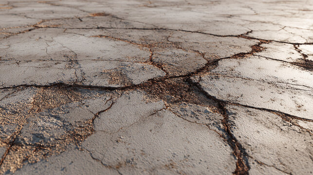Cracked pavement, weathered and worn with age, featuring fissures, lines and texture