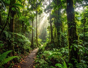 Serene forest path with lush greenery.