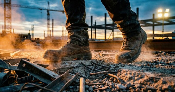 Close-up of a worker's safety boots walking on a dusty construction site during sunset, symbolizing hard work and industrial progress.