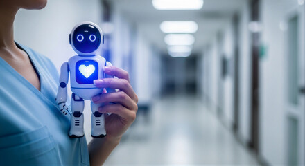 Healthcare professional holding a small robot with a glowing heart symbol in a hospital corridor