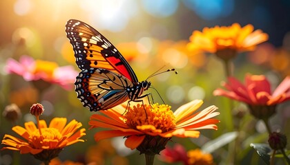 Obraz premium Vibrant butterfly perched on colorful flower with warm sunlight