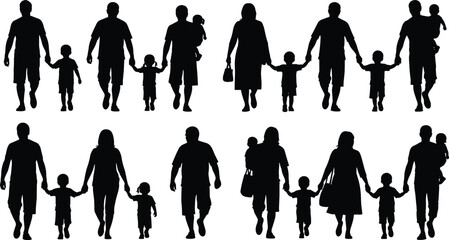 Family walking silhouettes with parents, children, holding hands, daily life moments, love, care, togetherness, parenting concept, black illustration