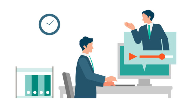 Individual e learning and online training for male businessman studying remotely in modern corporate illustration