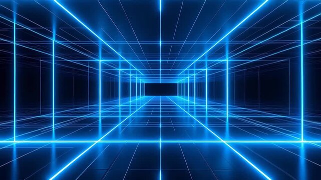 Blue neon grid tunnel perspective