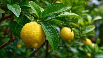 Close-up of a fresh lemon on a lemon tree with warm natural sunlight, vibrant yellow fruit surrounded by green leaves, detailed texture and botanical composition, bright and fresh citrus concept.