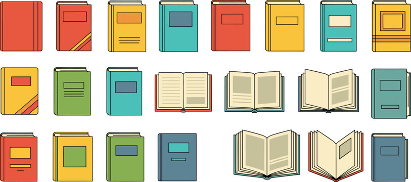 Large set of colorful closed and open book vector icons in flat style for education and library concepts