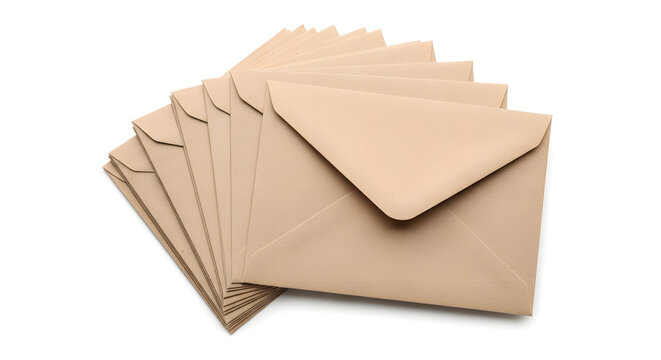 Fanned out stack of classic kraft paper envelopes perfect for sending letters, invitations, or greetings, isolated on white