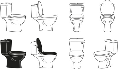 Vector, black, silhouette, and, outline, illustration, set, of, various, ceramic, toilets, for, bathroom, plumbing, sanitation, interior, design, hygiene, household, and, restroom, construction,