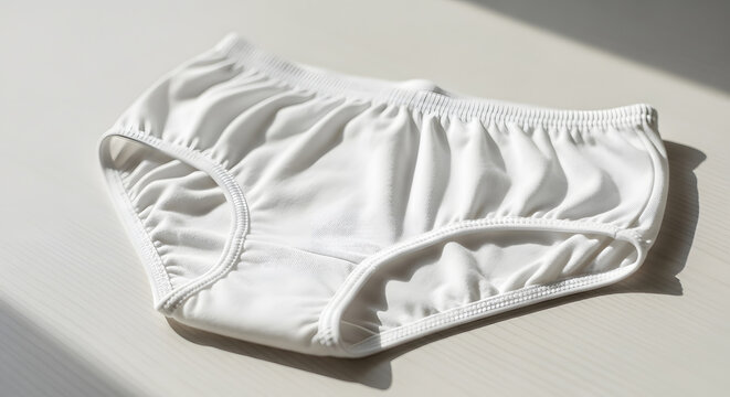 A pair of clean white cotton underwear laying flat on a bright surface under natural light