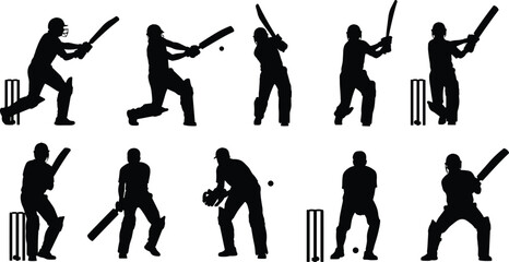 Obraz premium Vector, black, silhouette, illustration, set, of, various, cricket, players, in, action, with, bats, and, wickets, for, sports, fitness, competition, and, athletic, tournament, game, design