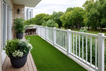 Obraz premium Balcony with artificial turf and outdoor dining area