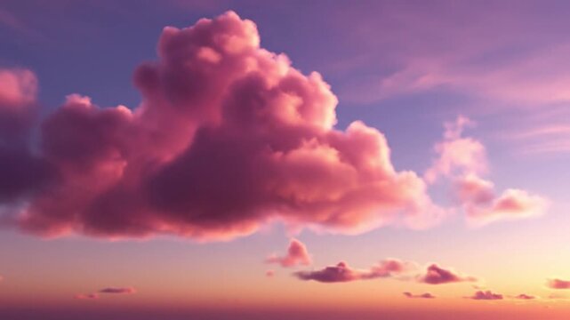 A serene landscape featuring fluffy clouds at sunset viewed from a distance with a colorful sky