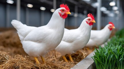 Fototapeta premium White chickens standing in a modern organic farm building
