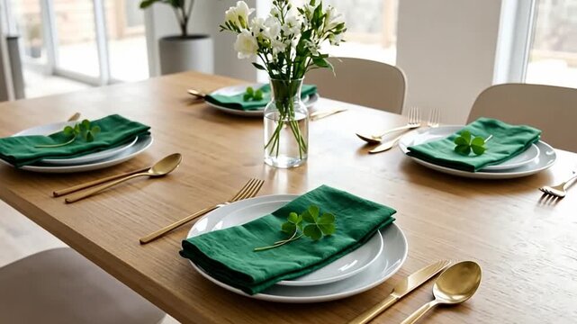 Table set for a st patricks day celebration or dinner gathering with green napkins, shamrocks, and gold cutlery