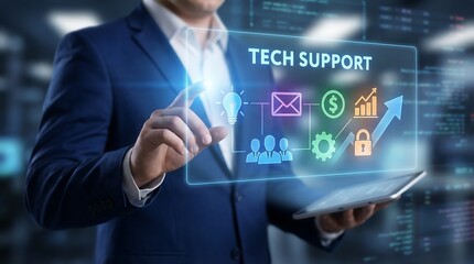 Businessman in a blue suit interacts with a futuristic tech support interface on a tablet, representing modern IT solutions and digital innovation in a professional setting.