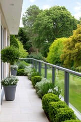 Obraz premium Modern balcony terrace with green landscaping and glass railing