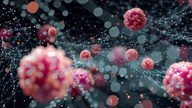 Microscopic view of cancer cells multiplying and spreading in the human body representing disease and medical research.