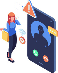 Isometric Woman Receiving Scam Phone Call