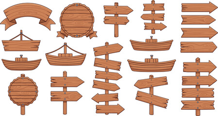 Large wooden signpost and arrow vector set with hanging boards and rustic labels for direction design © Tofajjol