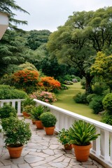 Obraz premium Balcony terrace overlooking a lush serene garden