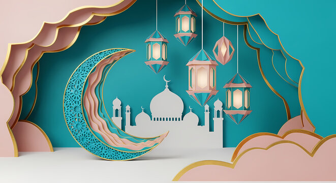Ramadan Kareem Greeting Background with 3D Paper Cut Crescent Moon, Lanterns, and Mosque Silhouette