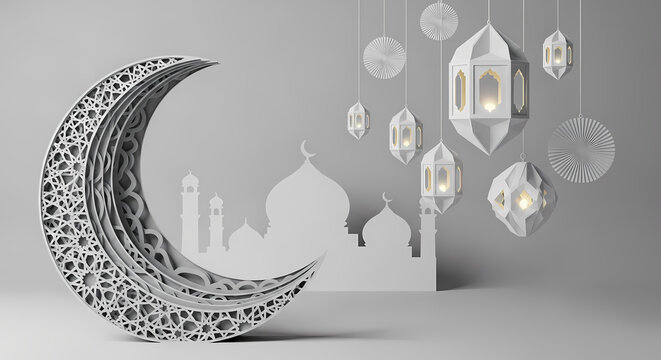 Ramadan Kareem Greeting Background with 3D Paper Cut Crescent Moon, Lanterns, and Mosque Silhouette