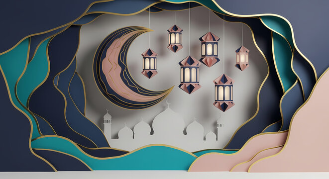 Ramadan Kareem Greeting Background with 3D Paper Cut Crescent Moon, Lanterns, and Mosque Silhouette