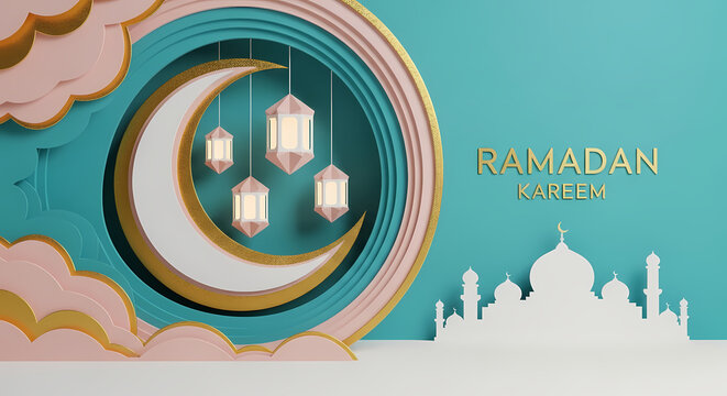 Ramadan Kareem Greeting Background with 3D Paper Cut Crescent Moon, Lanterns, and Mosque Silhouette