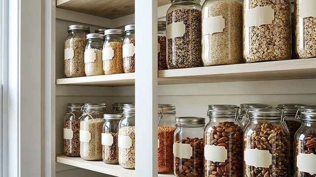 Pantry shelf filled with glass jars containing grains, nuts, and lentils for organized kitchen storage and healthy eating