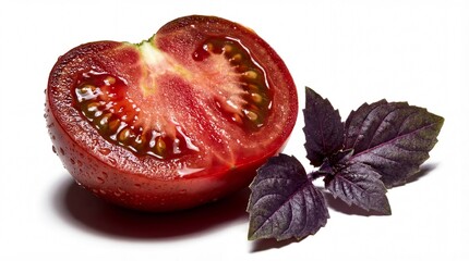 Freshly Sliced Red Heirloom Tomato with Purple Basil Leaves on a White Background.