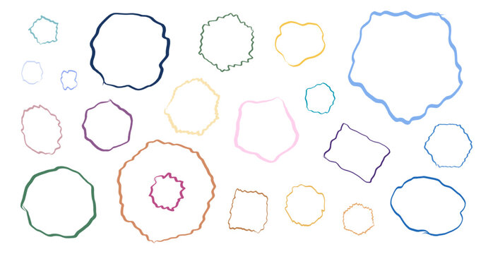 Set of wavy outline geometric frames. Curly triangle, circle and rectangle borders for text highlights, card edges and decorative elements. Irregular shape silhouettes vector illustration.