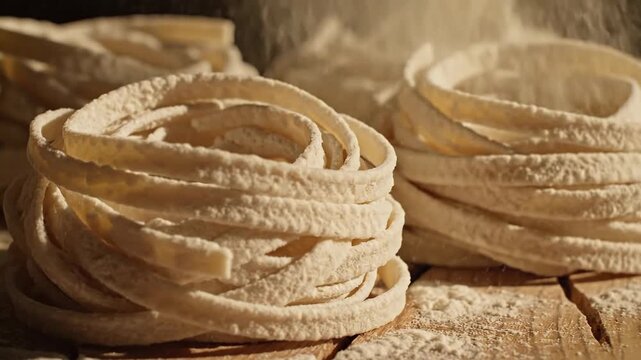 Uncooked nests of fettuccine pasta dusted with flour, arranged on a rustic wooden surface