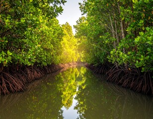 Serene mangrove forest waterway landscape scene.