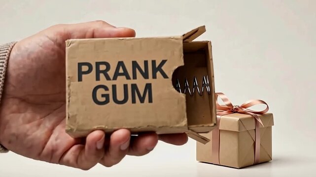 Man holding a prank gum box next to a gift box. Funny surprise packaging for holiday and birthday celebration.