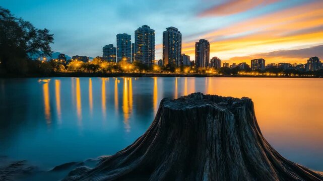 Tree stump in front of city skyline
