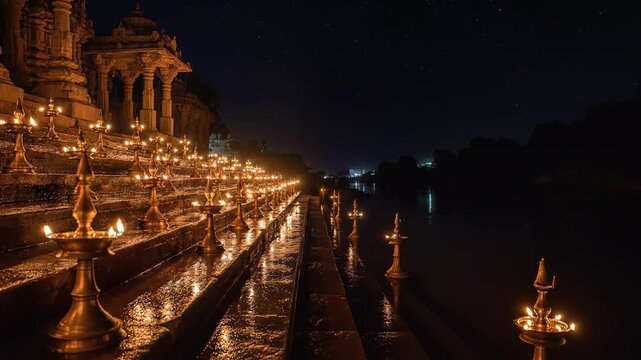 Diya Lamps Illuminate Temple Ghat Steps at Night under Starry Sky