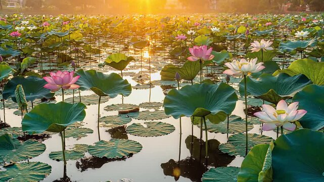 Pink and White Lotus Flowers Blooming in a Pond at Sunrise Golden Hour