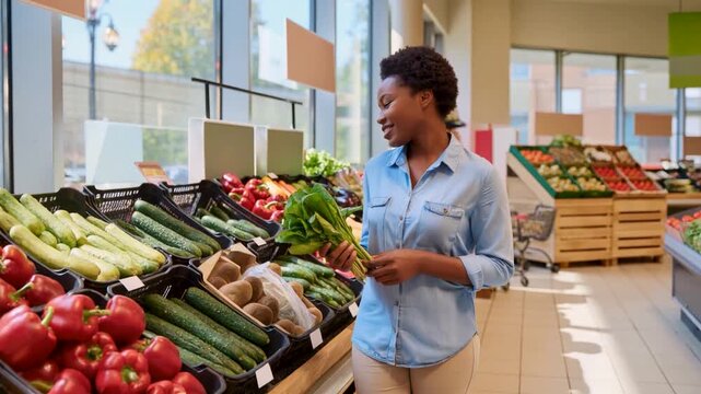 A smiling young woman in a blue shirt holds a bundle of fresh green leafy vegetables while shopping in the brightly lit produce section of a modern grocery store