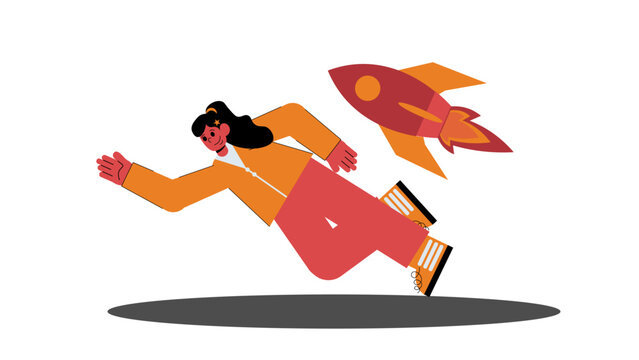 A professional woman flying or moving forward quickly alongside a space rocket symbolizing career speed