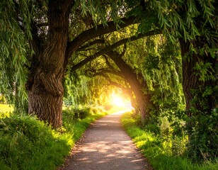 Serene pathway through lush green trees.