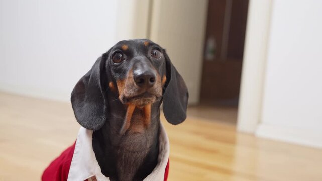 A black and tan dachshund wearing a red jacket with a white collar sits indoors on a wooden floor with a doorway and a white wall in the background, making pitiful eyes.