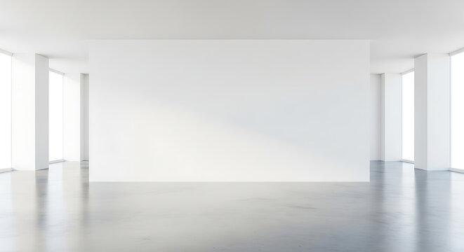Minimalist Contemporary Art Gallery Interior Featuring Luminous Empty White Wall Display Space with Industrial Polished Concrete Floor Texture Professional 3D Rendering Architectural Mockup