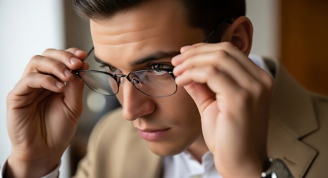 Close up, Young man in tan suit putting on stylish glasses.