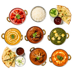 Delicious indian curry dishes, top view, isolated on white or transparent background, PNG Format.