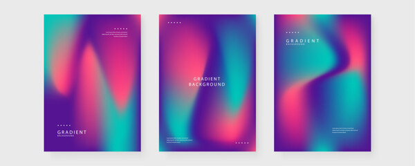 Trio of modern posters featuring cool cyan magenta and purple mesh gradients with clean white typography and minimalist icons