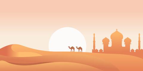 Desert landscape illustration with camels, sand dunes, and a mosque silhouette at sunset © farid