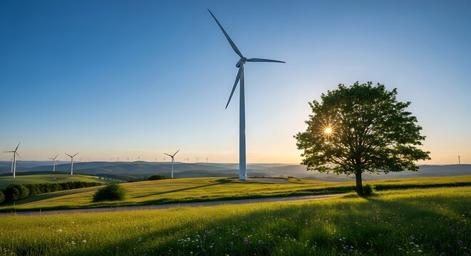 Wind turbines in a green field with a tree at sunset wind farm renewable energy